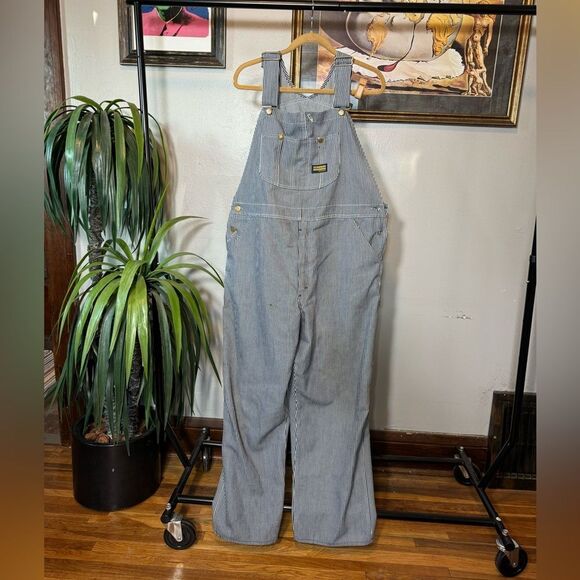 Vintage Toughskins Sears Striped Conductor Overalls Sz 32 x 30 - Picture 1 of 11